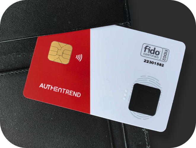 Real AuthenTrend biometric card showing its black fingerprint sensor